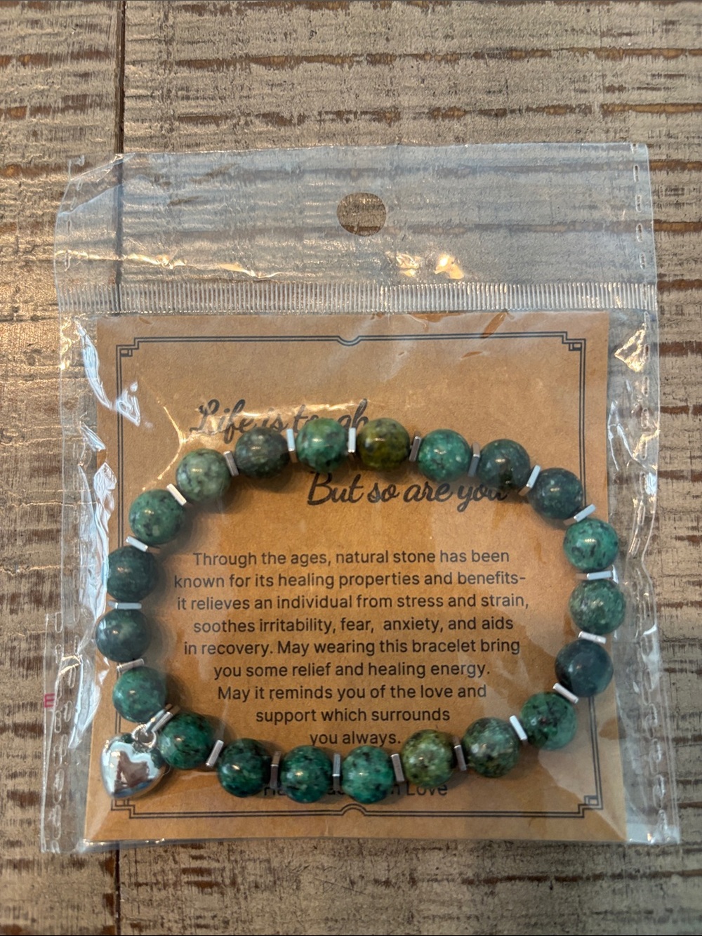 NWT Natural Green Stone Beaded Bracelet with Heart Charm